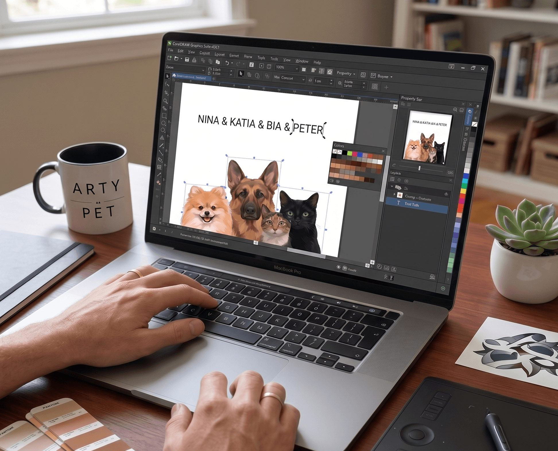 Artista Arty Pet ilustrando o retrato à mão em mesa digitalizadora
