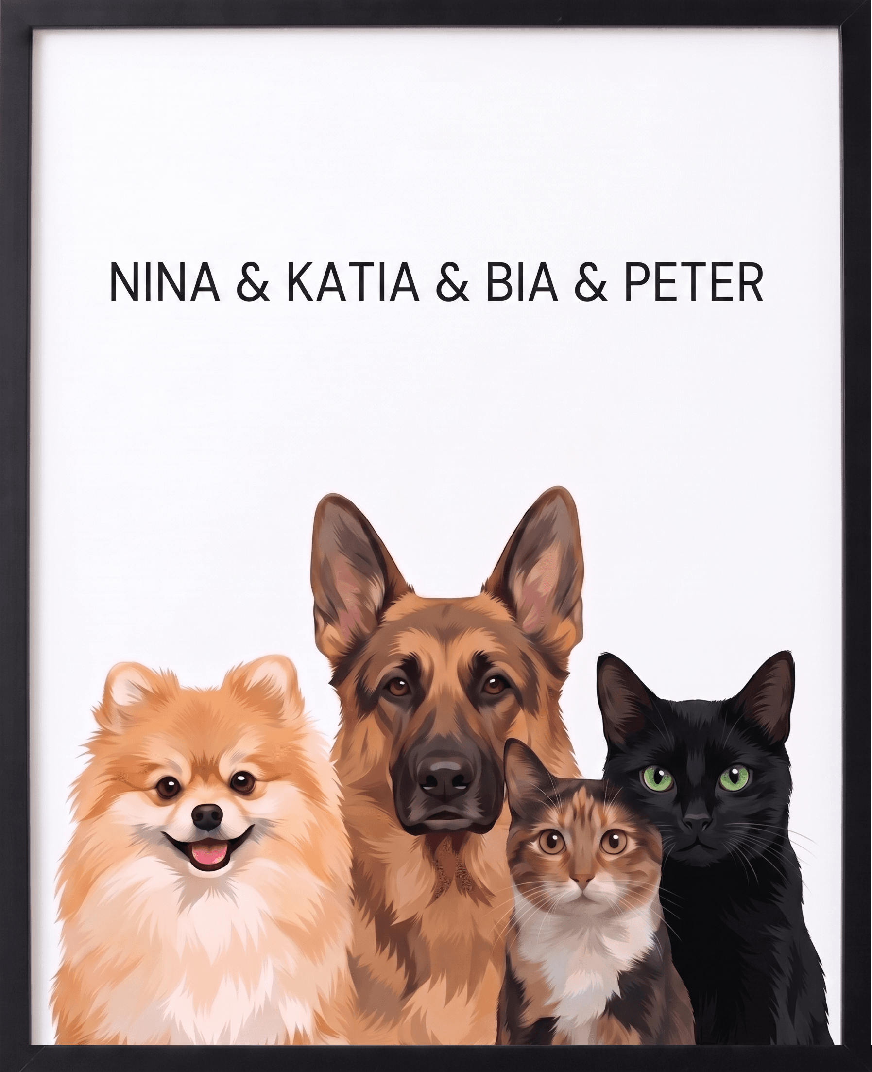 Retrato personalizado de 4 pets em família
